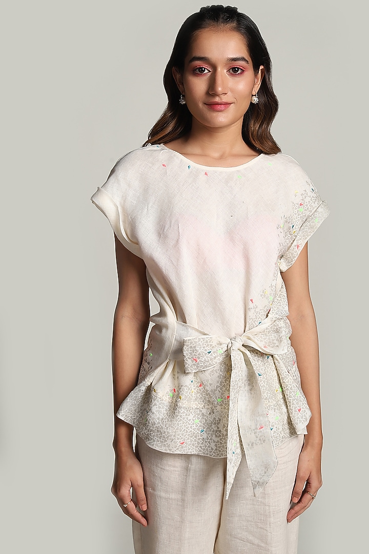 White Embroidered Top With Tie-Up by Kaveri at Pernia's Pop Up Shop