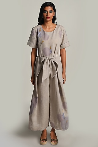 Beige Floral Printed Jumpsuit by Kaveri