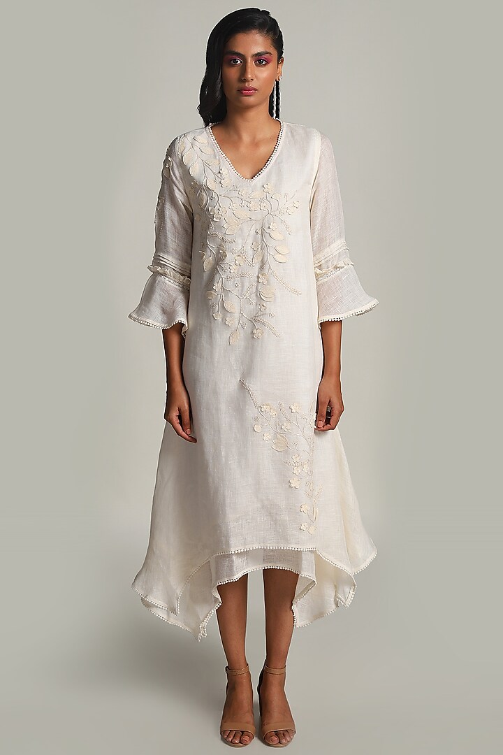 Off White Asymmetric Twirl Dress by Kaveri