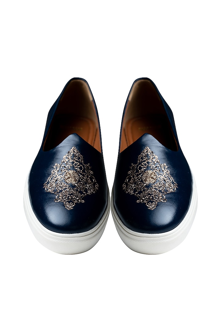 Navy Handcrafted Juttis With Gold Embroidery by Kavith