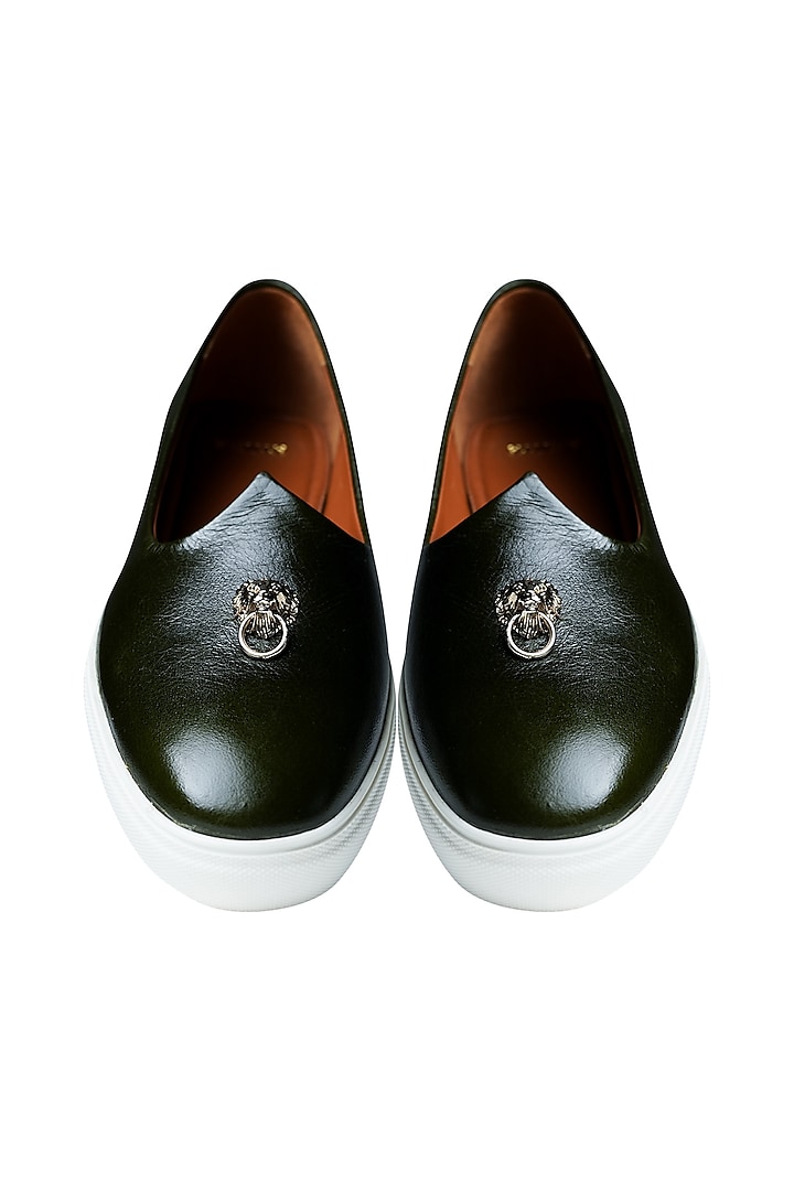 Dark Green Italian Leather Handcrafted Juttis by Kavith