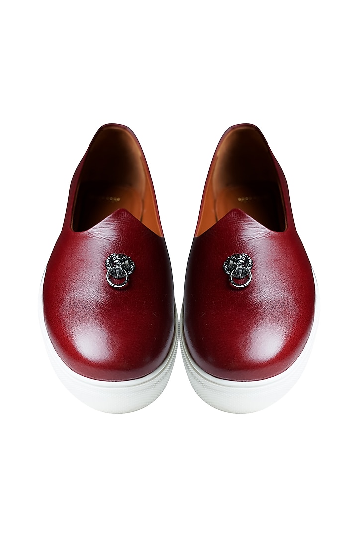 Dark Red Italian Leather Handcrafted Juttis by Kavith