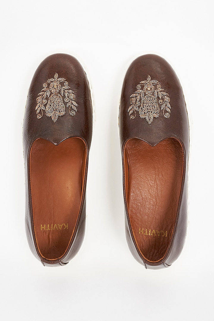Brown Handcrafted Juttis With Gold Embroidery by Kavith