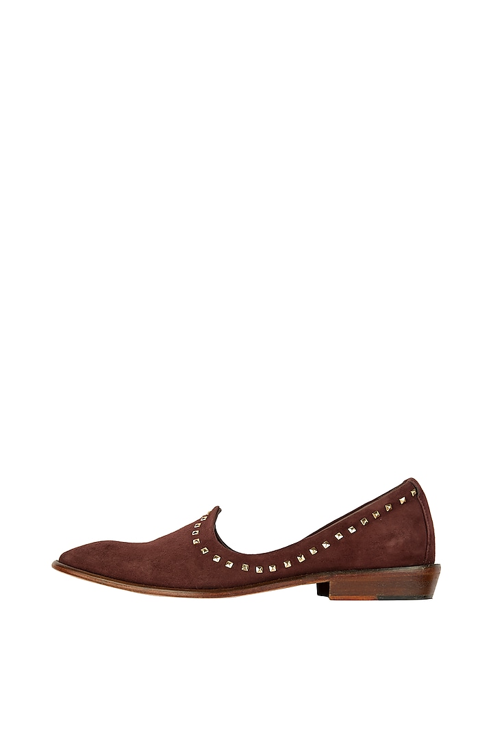 Brown Suede Studded Juttis by Kavith