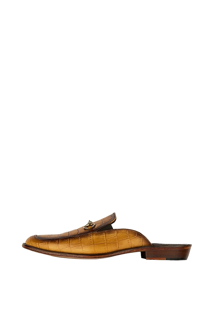 Butter Tan Hand Painted Patina Mules by Kavith at Pernia's Pop Up Shop