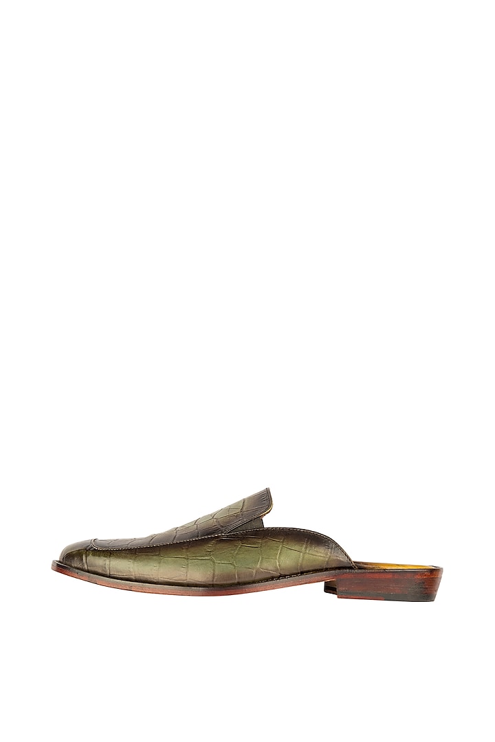 Olive Green Mules With Burnish Tone by Kavith