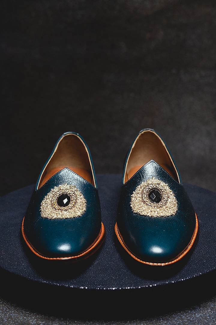 Teal Embroidered Juttis by Kavith