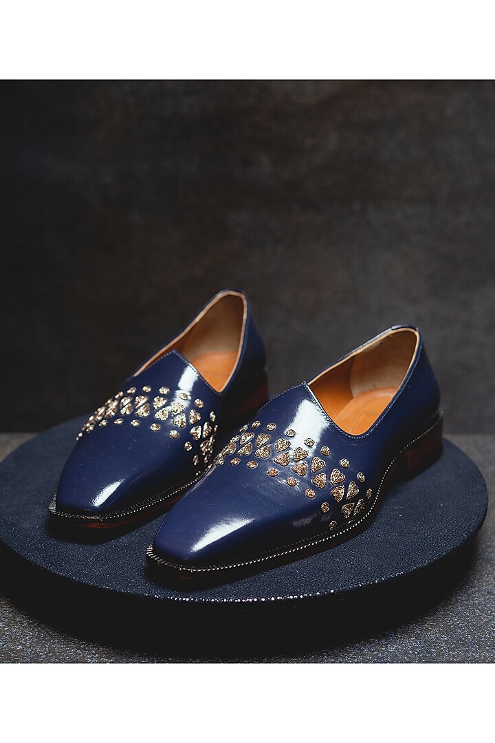 Dark Blue Embroidered Juttis by Kavith at Pernia's Pop Up Shop