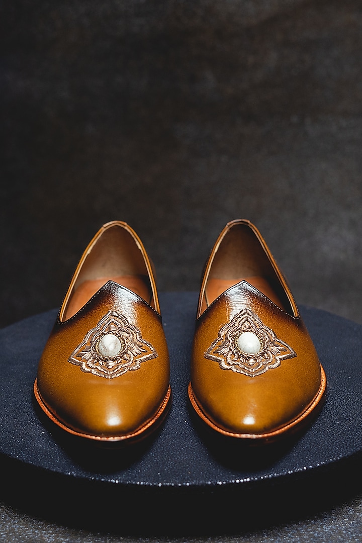 Tan Brown Embroidered Juttis by Kavith