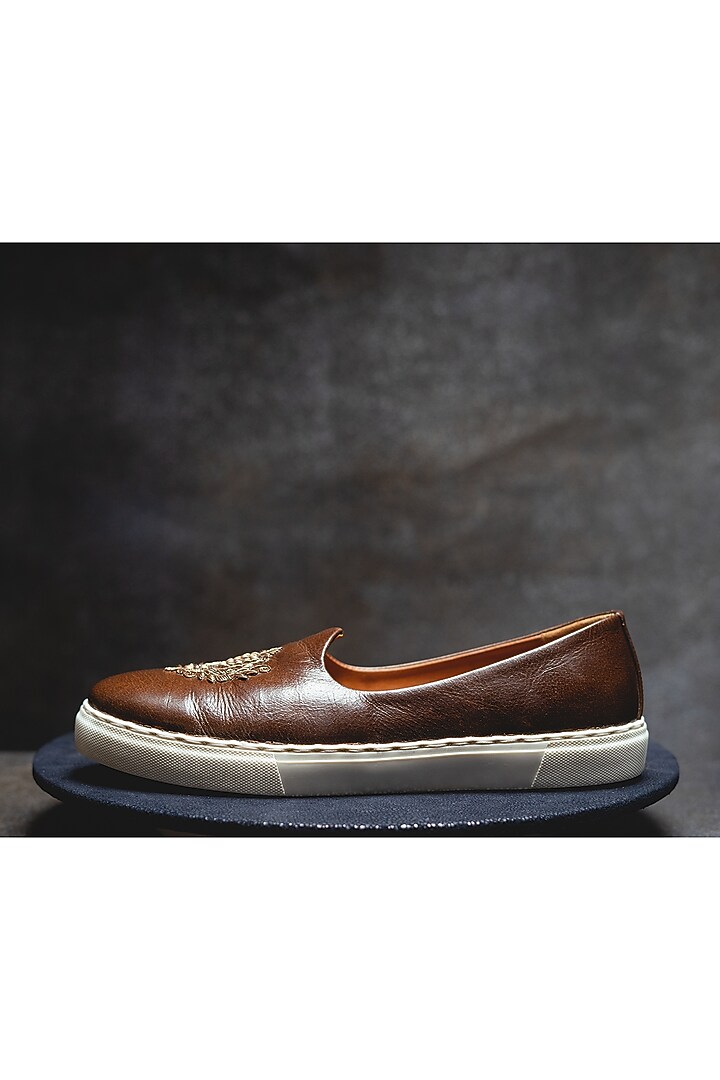 Brown Embroidered Sneakers by Kavith at Pernia's Pop Up Shop