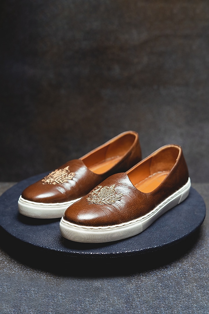 Brown Embroidered Sneakers by Kavith at Pernia's Pop Up Shop
