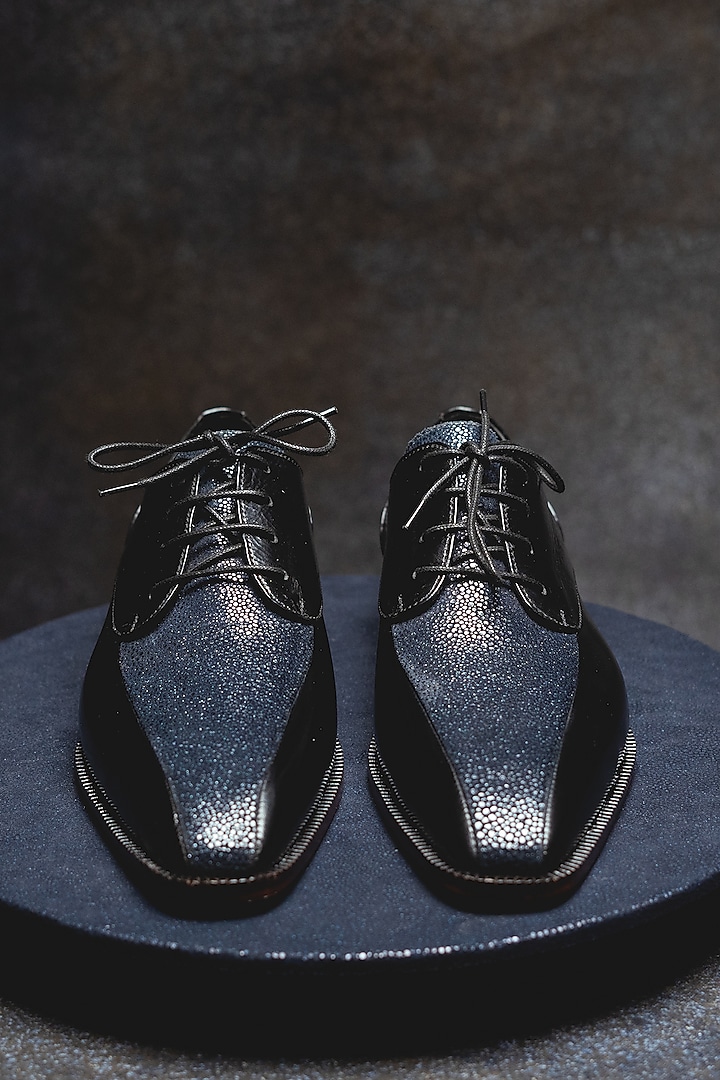 Dark Blue Leather Lace Up Shoes by Kavith