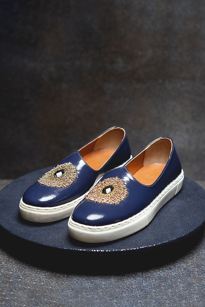 Dark Blue Embroidered Sneakers by Kavith at Pernia's Pop Up Shop