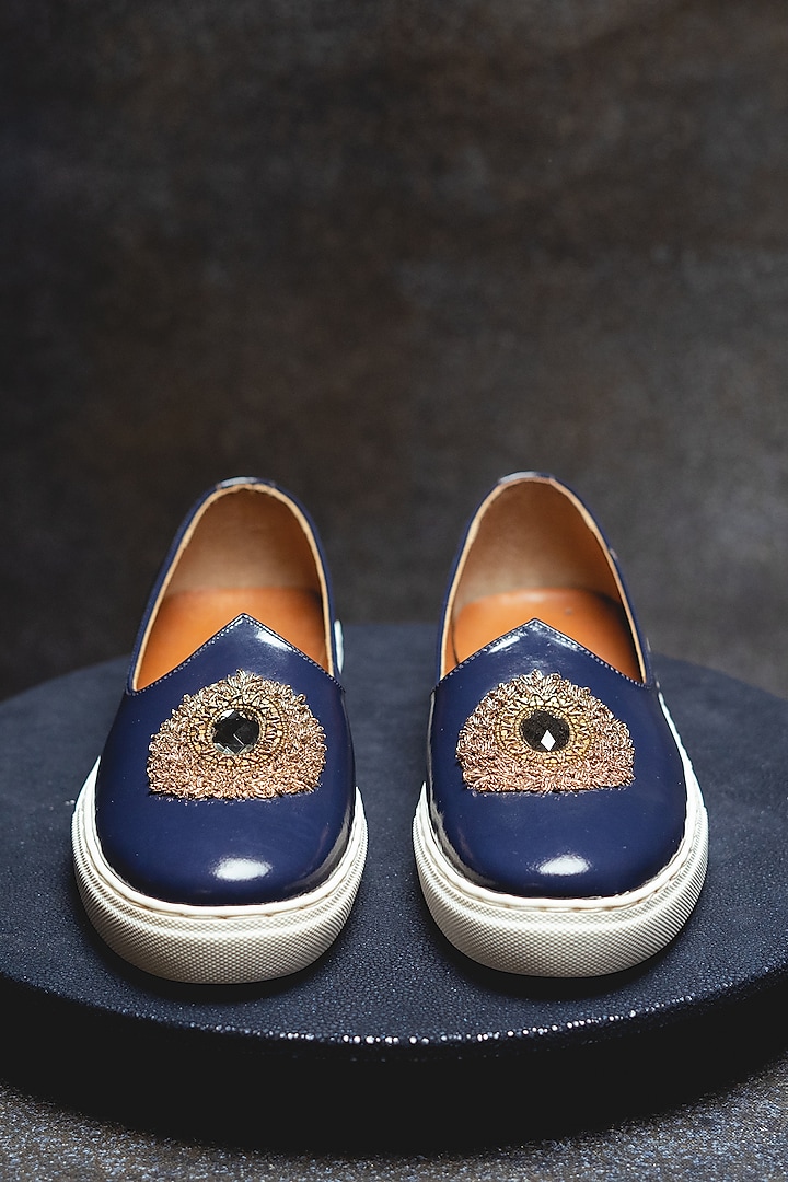 Dark Blue Embroidered Sneakers by Kavith