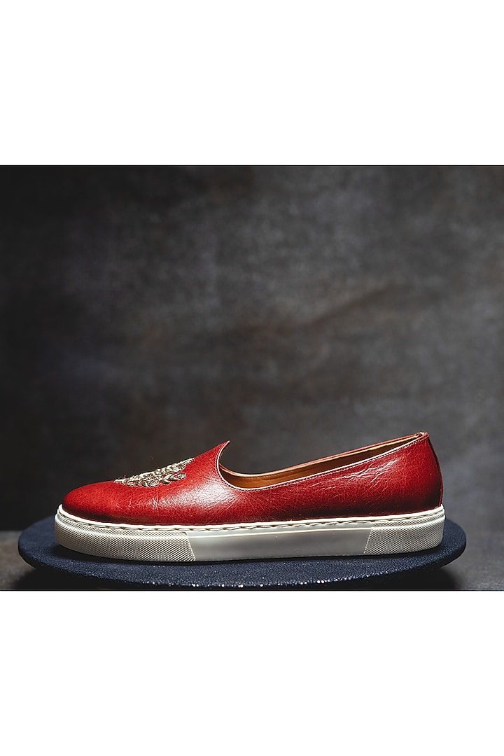 Rust Red Embroidered Sneakers by Kavith at Pernia's Pop Up Shop