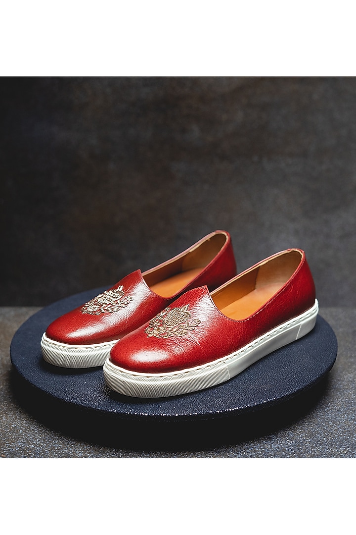 Rust Red Embroidered Sneakers by Kavith at Pernia's Pop Up Shop