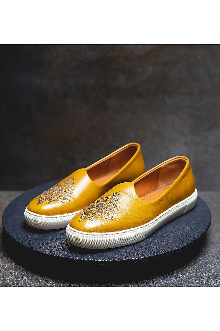 Yellow Embroidered Sneakers by Kavith at Pernia's Pop Up Shop