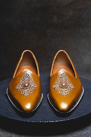 Tan Leather Embroidered Juttis by Kavith