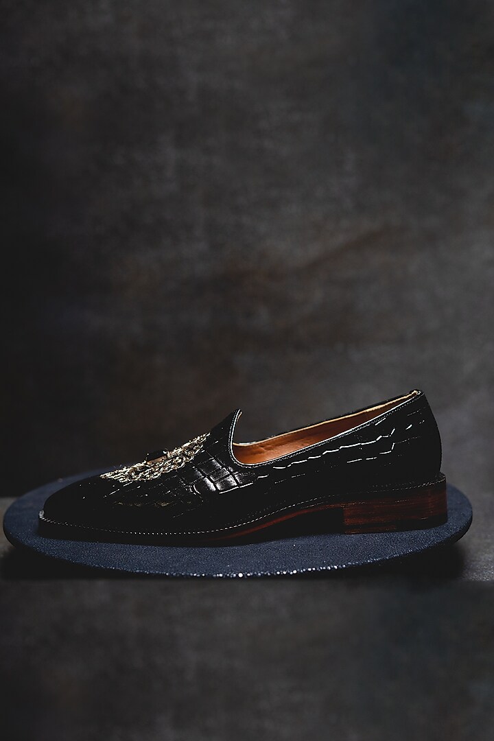 Black Crocodile Embroidered Juttis In Leather by Kavith at Pernia's Pop Up Shop