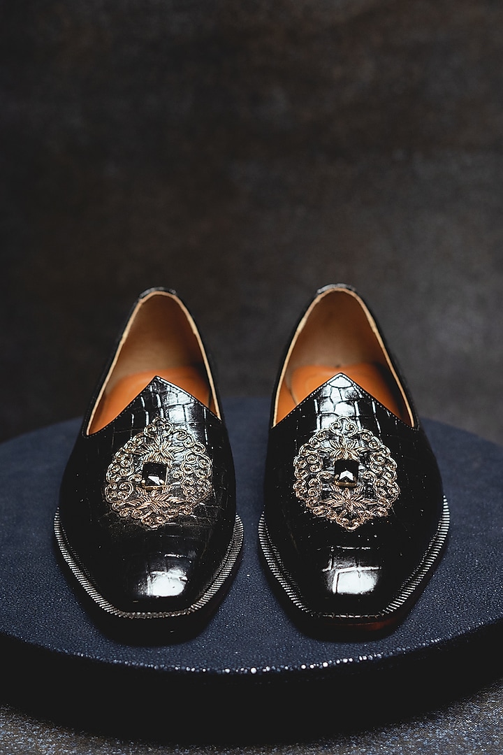 Black Crocodile Embroidered Juttis In Leather by Kavith