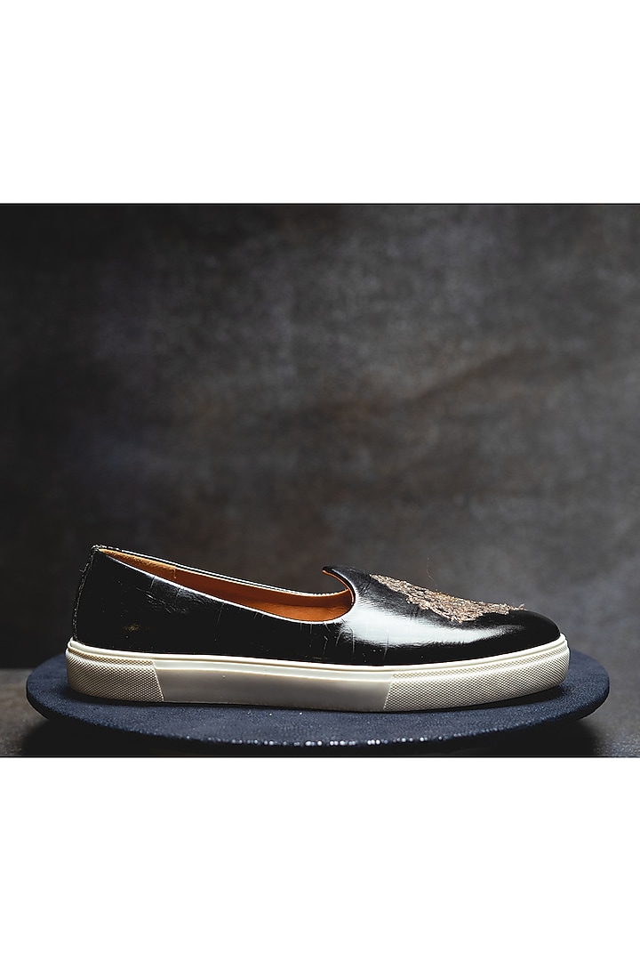 Black Leather Embroidered Sneakers by Kavith at Pernia's Pop Up Shop