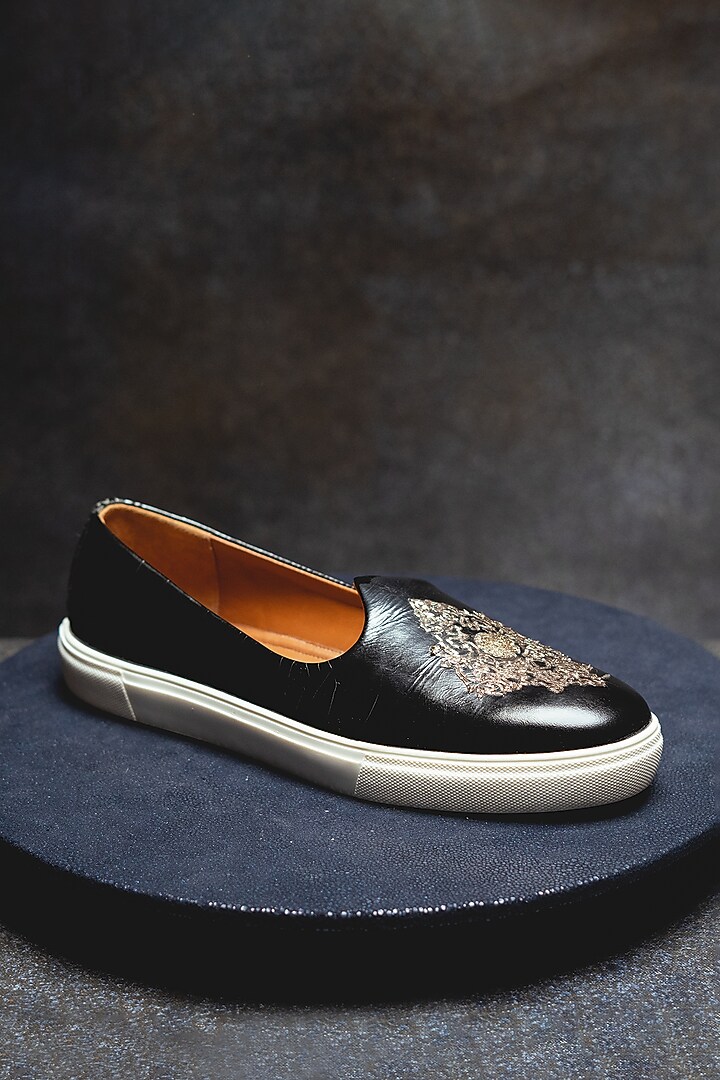Black Leather Embroidered Sneakers by Kavith at Pernia's Pop Up Shop