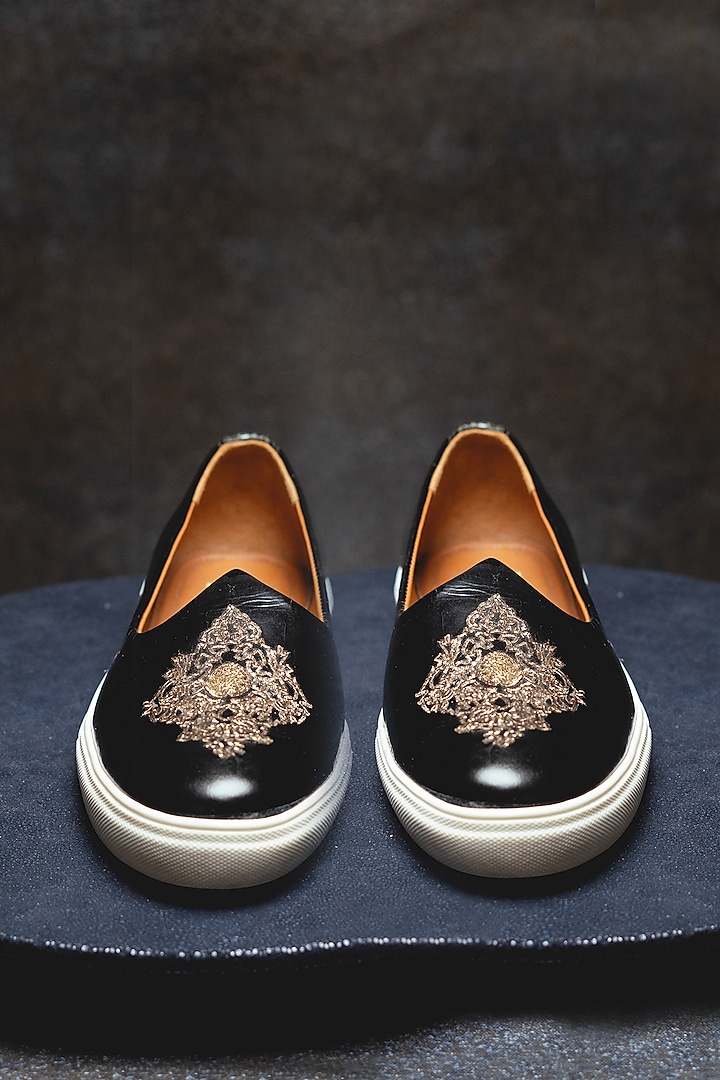 Black Leather Embroidered Sneakers by Kavith
