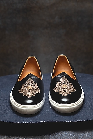 Black Leather Embroidered Sneakers by Kavith
