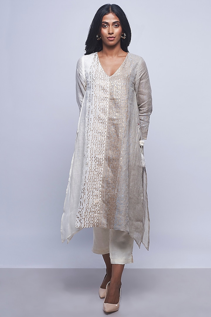 Off White & Grey Printed Embellished Tunic by Kaveri