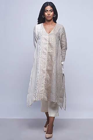 Off White & Grey Printed Embellished Tunic by Kaveri