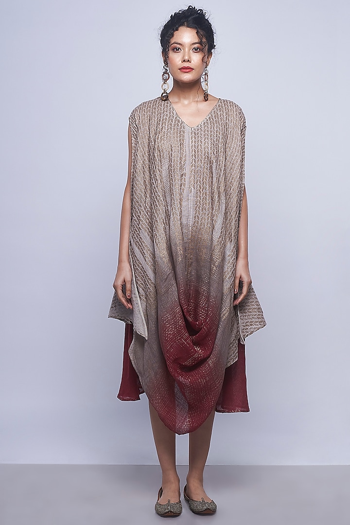Beige Brown Ombre Printed Dress by Kaveri