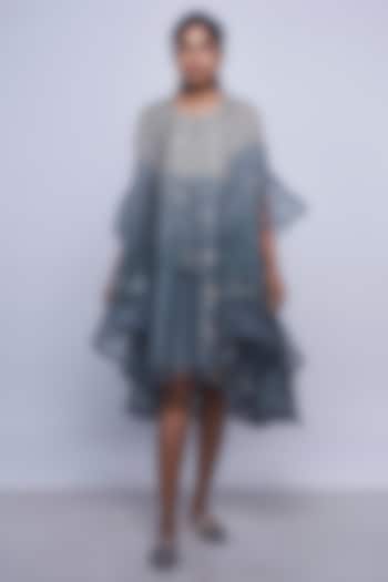 Greyish Blue Printed Sleeveless Dress With Jacket by Kaveri
