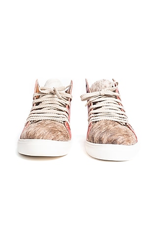 Red & Beige Leather Distressed Sneakers by Kavith