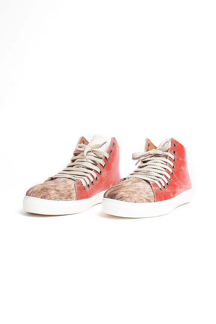 Red & Beige Leather Distressed Sneakers by Kavith at Pernia's Pop Up Shop