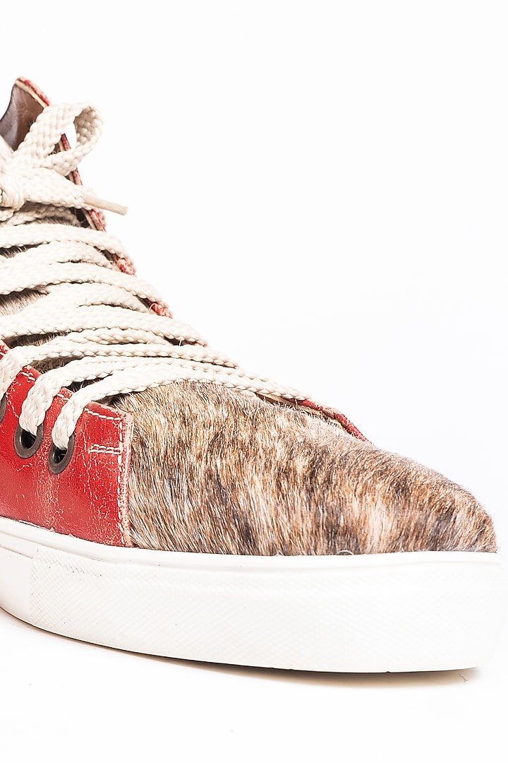 Red & Beige Leather Distressed Sneakers by Kavith at Pernia's Pop Up Shop