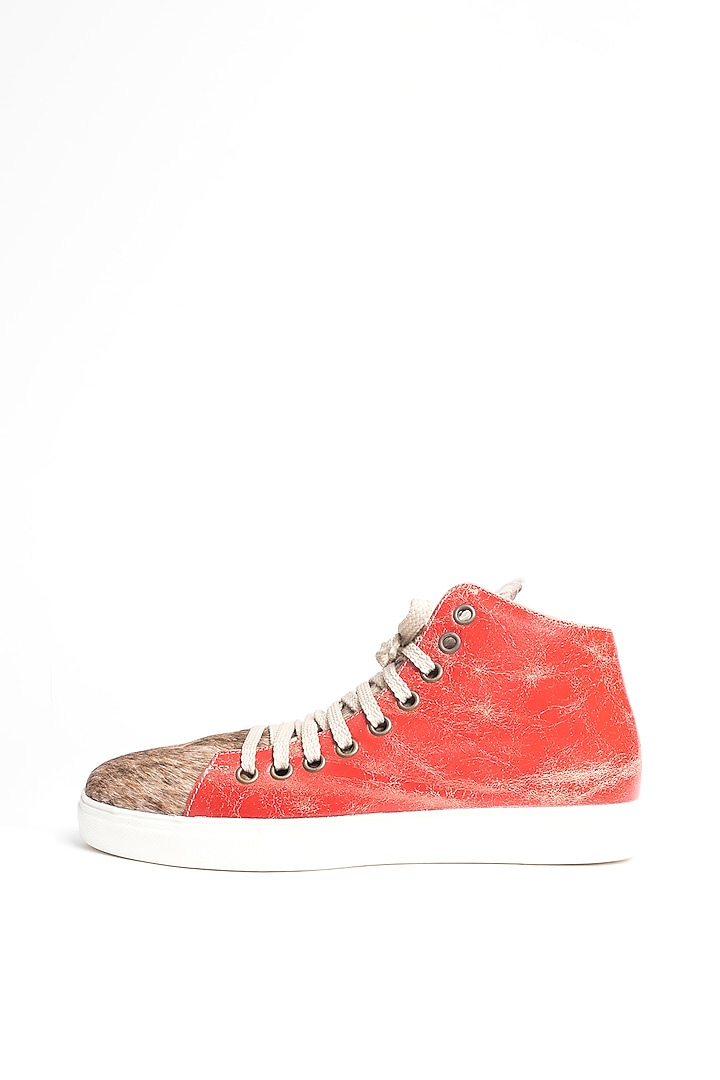 Red & Beige Leather Distressed Sneakers by Kavith at Pernia's Pop Up Shop