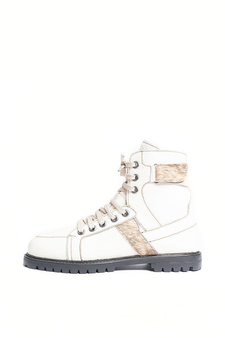 White Hair-On-Hide Sneakers by Kavith at Pernia's Pop Up Shop