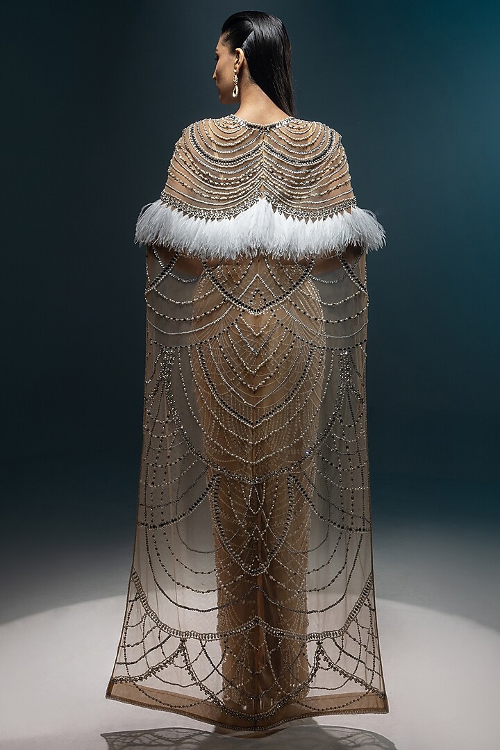 English Nude Net & Satin Hand Embroidered Cape Set by Kavita Arora at Pernia's Pop Up Shop