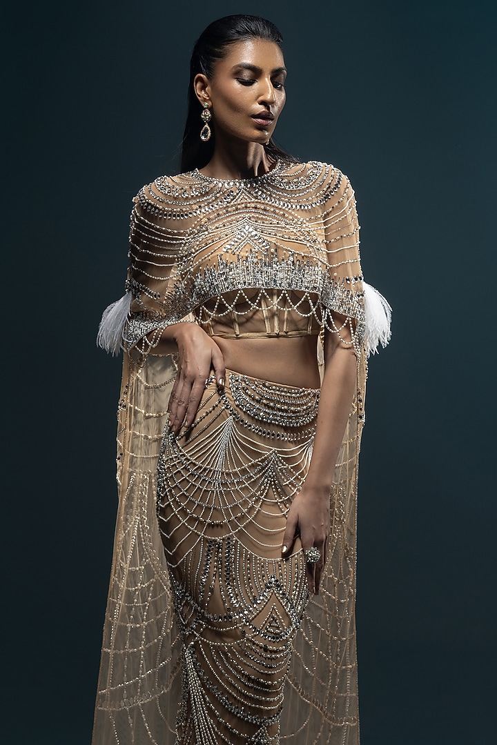 English Nude Net & Satin Hand Embroidered Cape Set by Kavita Arora at Pernia's Pop Up Shop