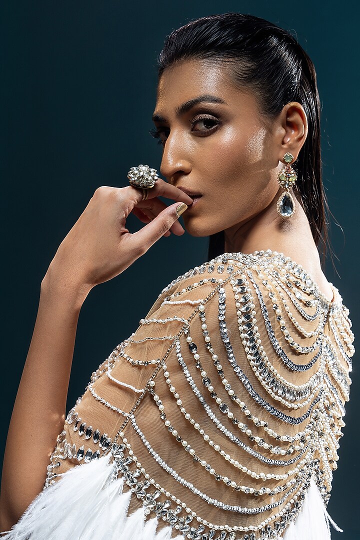 English Nude Net & Satin Hand Embroidered Cape Set by Kavita Arora at Pernia's Pop Up Shop