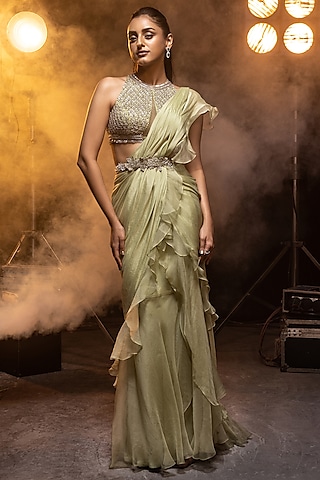 Pistachio Green Pure Chiffon & Pure Organza Pre-Stitched Saree Set by Kavita Arora