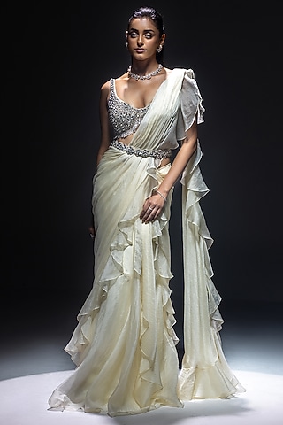 Ivory Pure Chiffon & Pure Organza Pre-Draped Saree Set by Kavita Arora