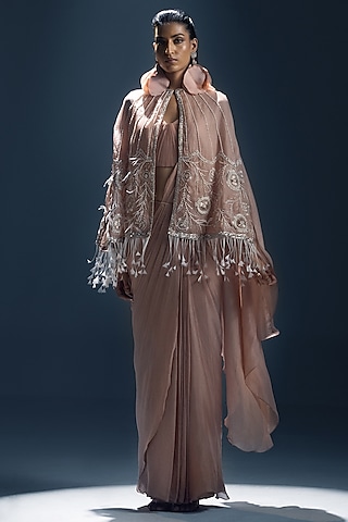 English Rose Pink Silk Organza Hand Embroidered Jacket Saree Set by Kavita Arora