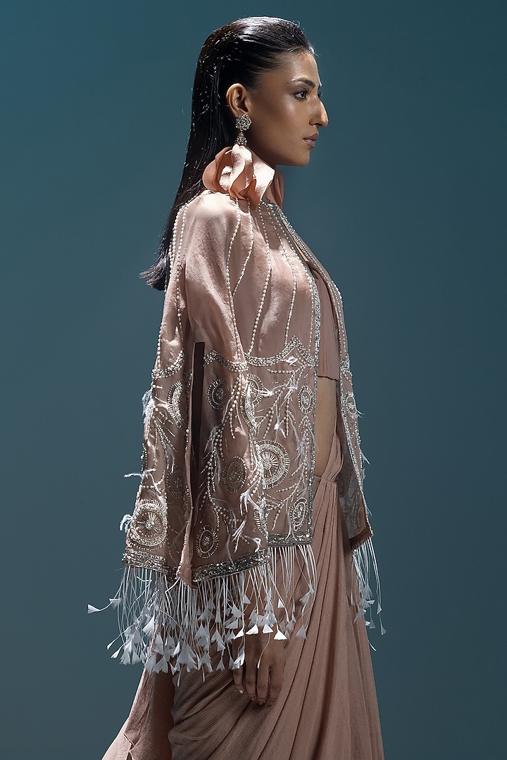 English Rose Pink Silk Organza Hand Embroidered Jacket Wedding Saree Set by Kavita Arora at Pernia's Pop Up Shop