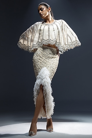 Ivory Organza Hand Embellished Cape Set by Kavita Arora