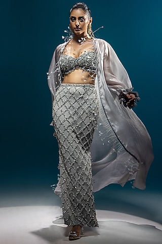Grey Organza & Satin Hand Embellished Cape Set by Kavita Arora