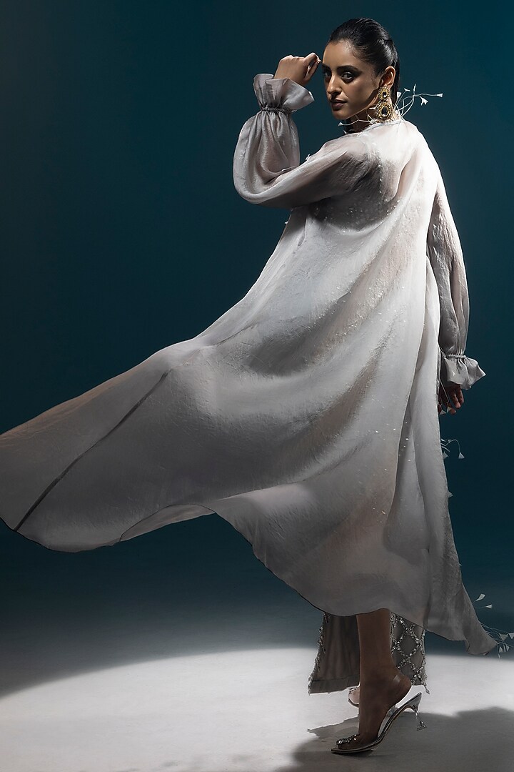 Grey Organza & Satin Hand Embellished Cape Set by Kavita Arora at Pernia's Pop Up Shop