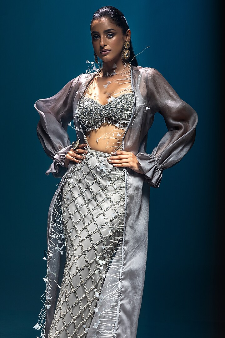 Grey Organza & Satin Hand Embellished Cape Set by Kavita Arora at Pernia's Pop Up Shop