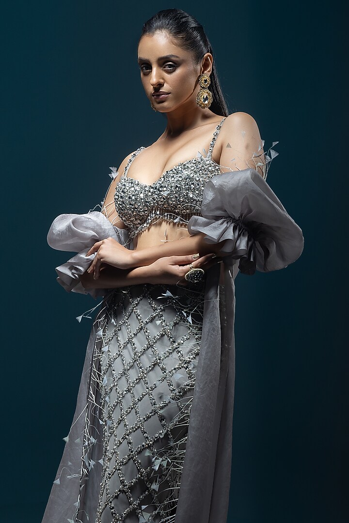 Grey Organza & Satin Hand Embellished Cape Set by Kavita Arora at Pernia's Pop Up Shop