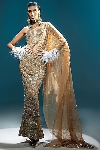 Golden Satin & Net Hand Embroidered Draped Skirt Saree Set by Kavita Arora